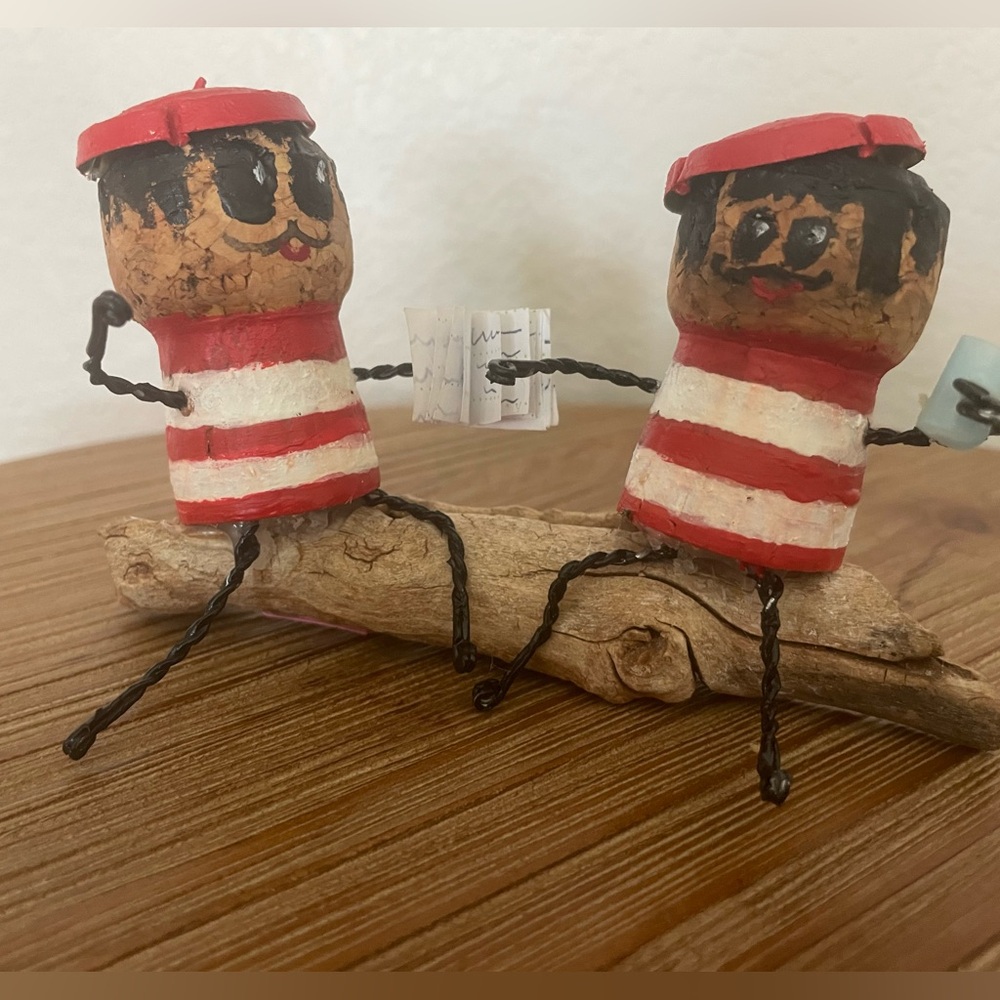 Handcrafted Cork Figurines with Red and White Stripes